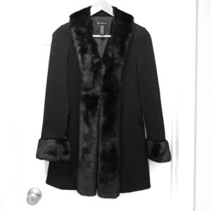 INC faux fur trim black coat